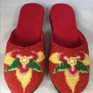 New Women Beaded Velvet Bedroom Slippers Mule Floral Red 9
